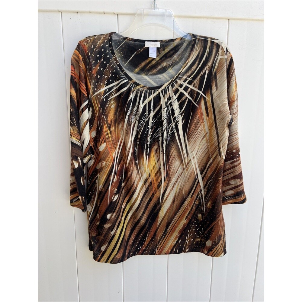 Chico's Womens 3/4 Sleeve Top Embellished Abstract Multicolor Sz Medium